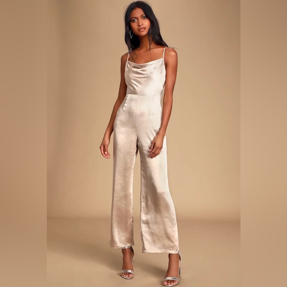 Perfect Night Champagne Satin Cowl Neck Culotte Jumpsuit